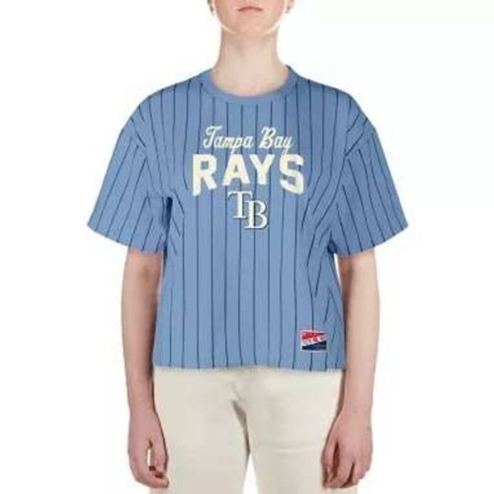 New Era Tampa Bay Rays T-Shirt Women Large Blue NWT MLB Pinstripe Short Sleeve